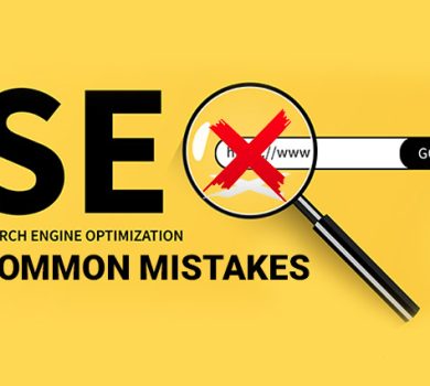 SEO text with magnigying glass and a ceoss symbol showing common SEO mistakes