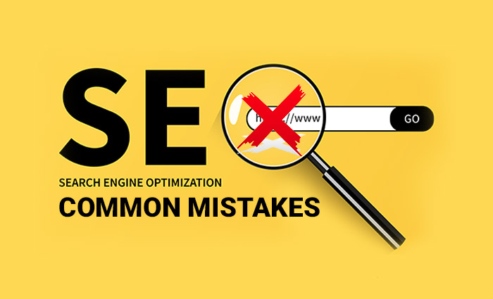 SEO text with magnigying glass and a ceoss symbol showing common SEO mistakes